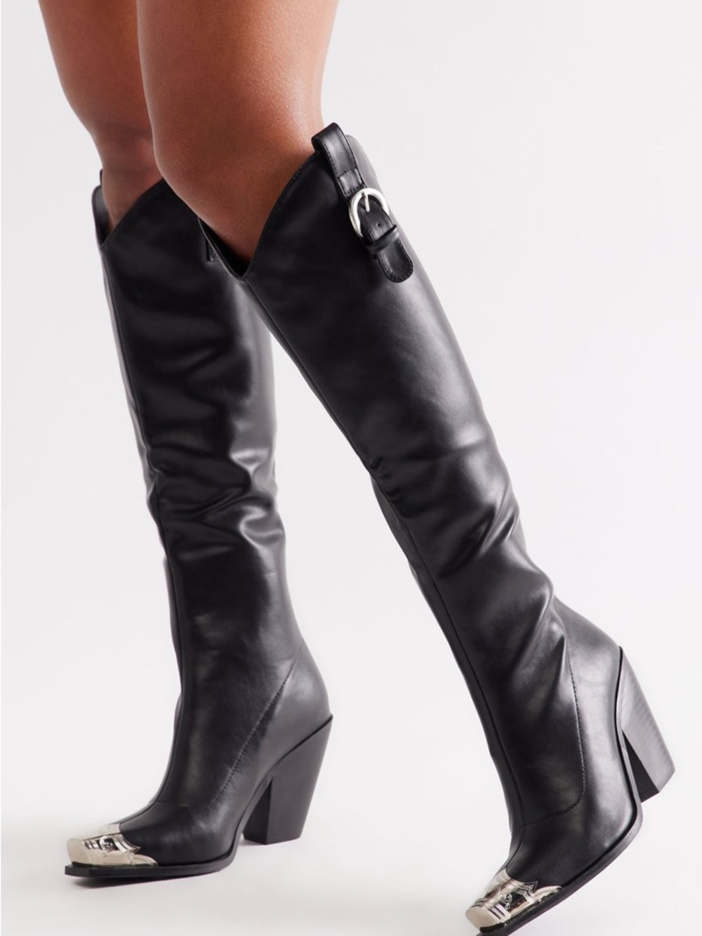 Fashion Nova Black Over-The-Knee Western Boots with Silver Toe